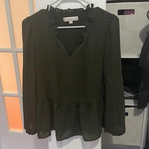 Loft - Dark Green Peplum V-Neck Blouse with Tie Neck Ruffle Collar - PM